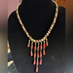 Handcrafted necklace gold red Picasso round and tear drop beads gold beads 22 in